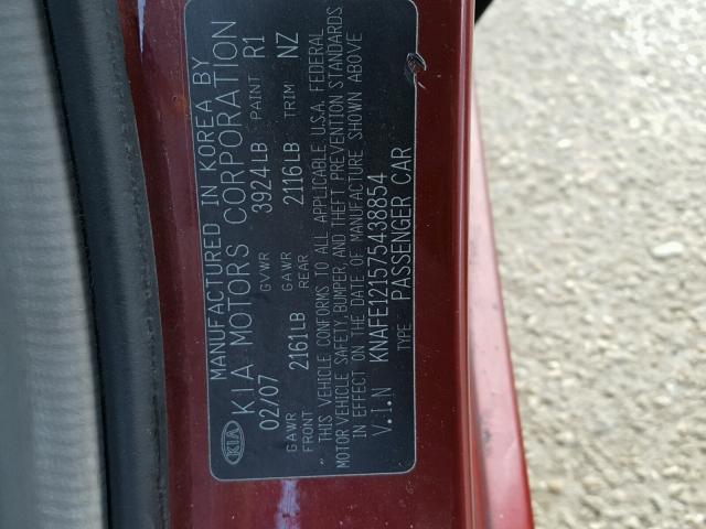 KNAFE121575438854 - 2007 KIA SPECTRA EX RED photo 10