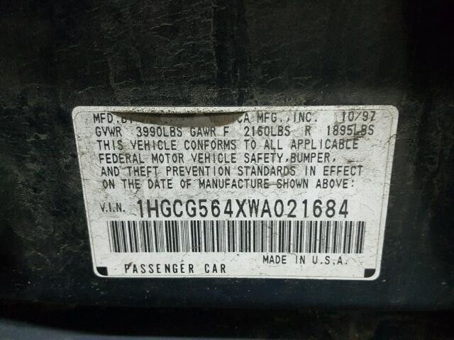 1HGCG564XWA021684 - 1998 HONDA ACCORD LX GREEN photo 10