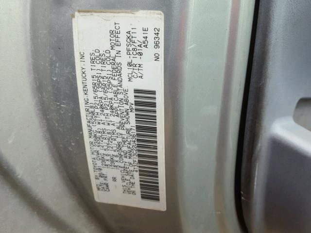 4T3ZF13C22U436171 - 2002 TOYOTA SIENNA LE SILVER photo 10