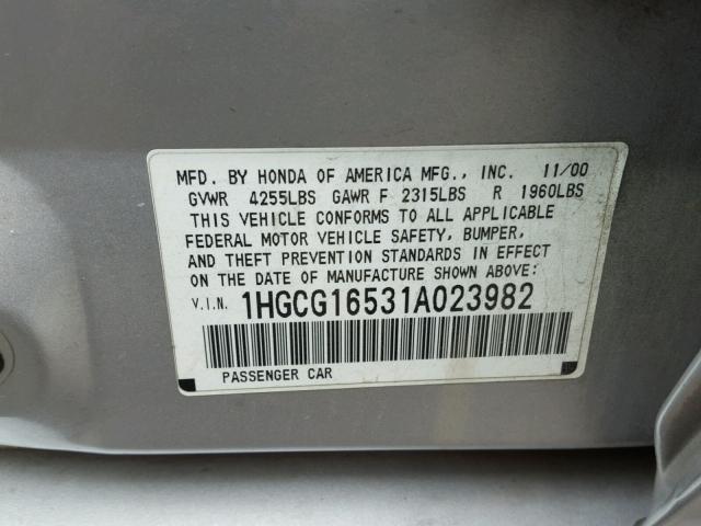 1HGCG16531A023982 - 2001 HONDA ACCORD EX SILVER photo 10