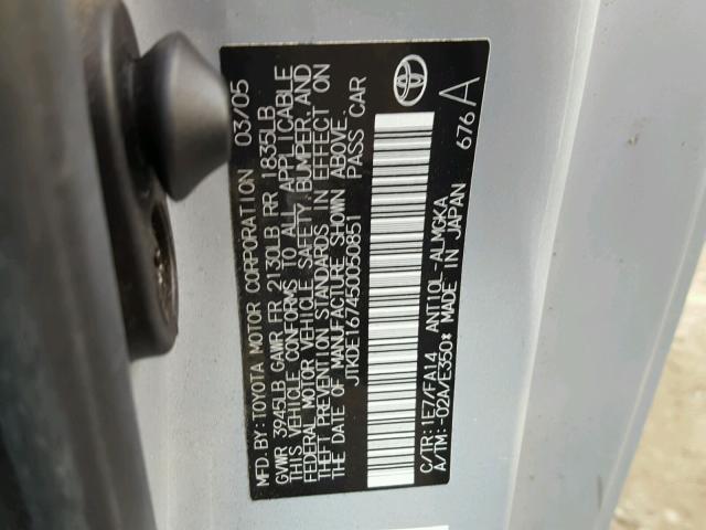 JTKDE167450050851 - 2005 TOYOTA SCION TC 银色 照片 10