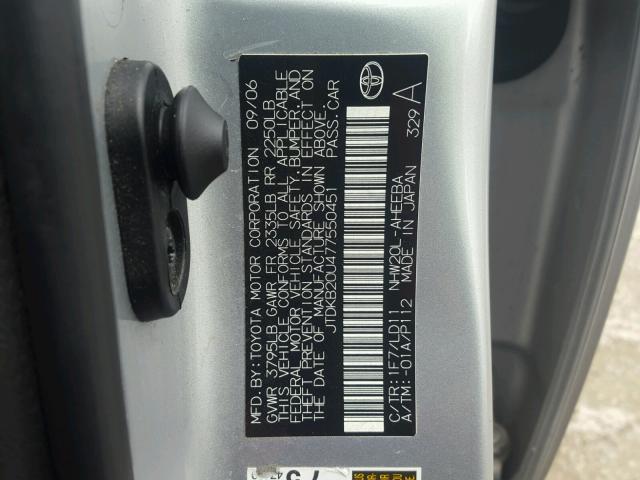 JTDKB20U477550451 - 2007 TOYOTA PRIUS SILVER photo 10