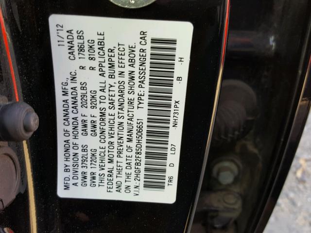 2HGFB2F85DH506651 - 2013 HONDA CIVIC EX BLACK photo 10