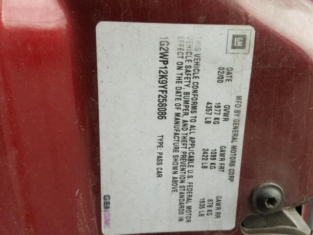 1G2WP12K9YF258086 - 2000 PONTIAC GRAND PRIX BURGUNDY photo 10