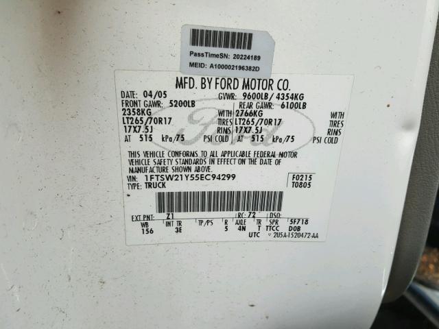 1FTSW21Y55EC94299 - 2005 FORD F250 SUPER WHITE photo 10