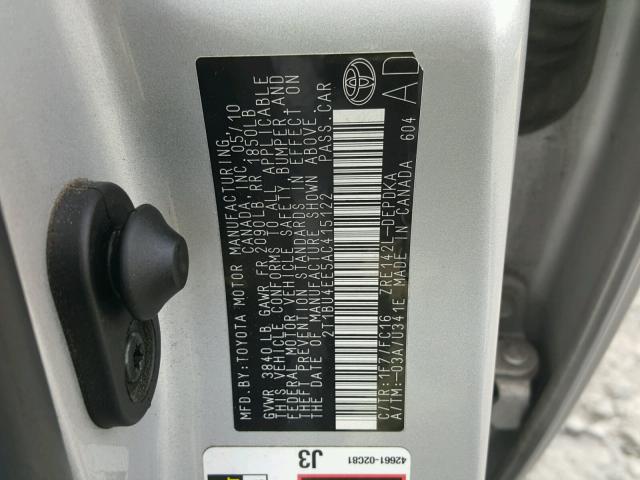 2T1BU4EE5AC415122 - 2010 TOYOTA COROLLA BA SILVER photo 10