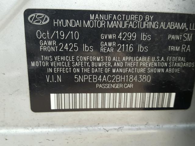 5NPEB4AC2BH184380 - 2011 HYUNDAI SONATA GLS SILVER photo 10