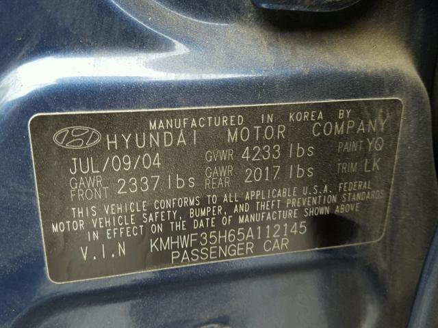 KMHWF35H65A112145 - 2005 HYUNDAI SONATA GLS BLUE photo 10