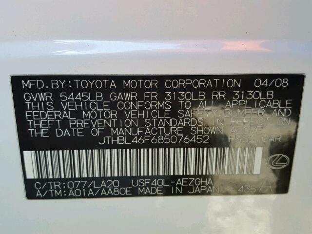 JTHBL46F685076452 - 2008 LEXUS LS 460 WHITE photo 10