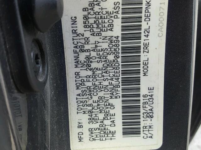 5YFBU4EE6DP095894 - 2013 TOYOTA COROLLA BA GRAY photo 10