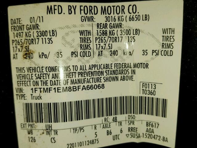 1FTMF1EM8BFA66068 - 2011 FORD F150 BLACK photo 10