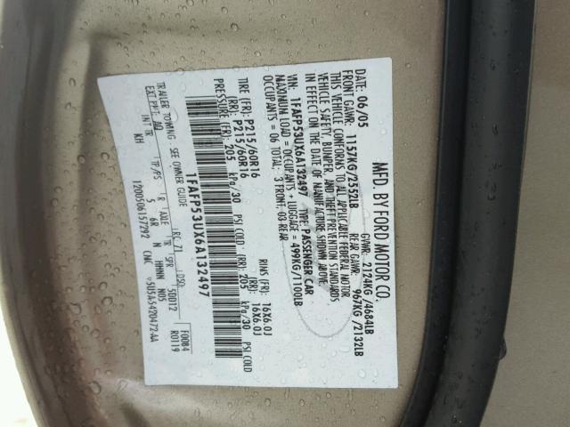 1FAFP53UX6A132497 - 2006 FORD TAURUS SE BEIGE photo 10