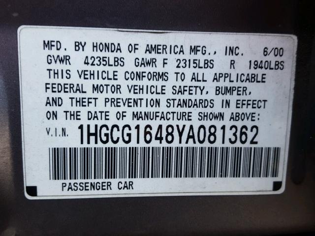 1HGCG1648YA081362 - 2000 HONDA ACCORD LX SILVER photo 10