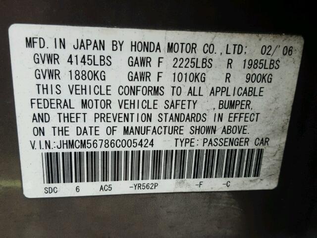 JHMCM56786C005424 - 2006 HONDA ACCORD EX GRAY photo 10