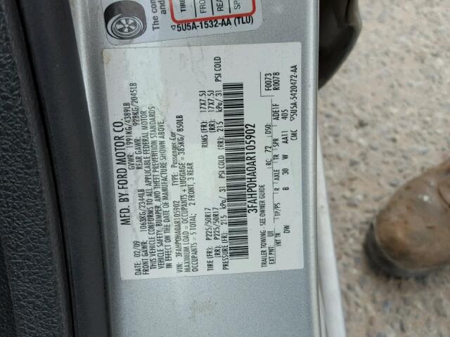 3FAHP0HA0AR105902 - 2010 FORD FUSION SE SILVER photo 10