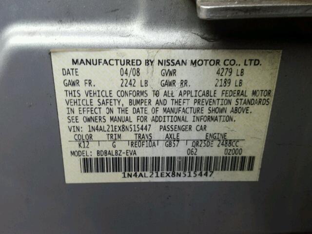 1N4AL21EX8N515447 - 2008 NISSAN ALTIMA 2.5 SILVER photo 10