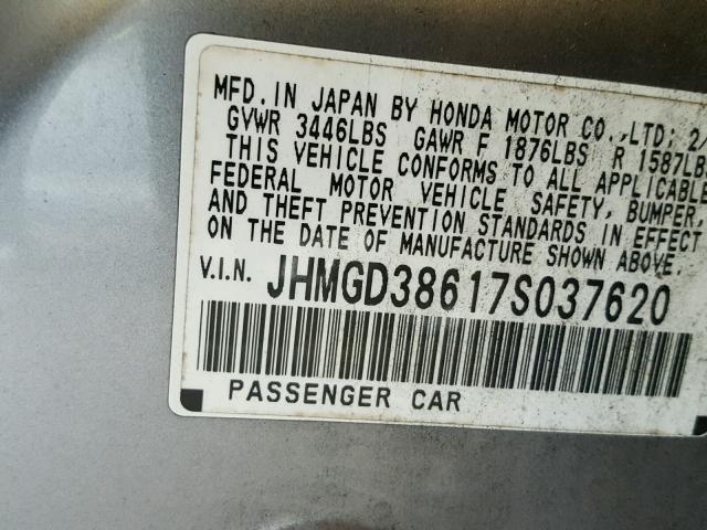 JHMGD38617S037620 - 2007 HONDA FIT S GRAY photo 10