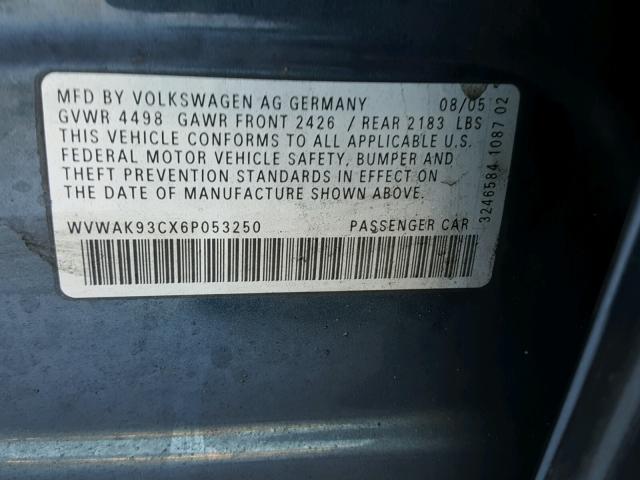 WVWAK93CX6P053250 - 2006 VOLKSWAGEN PASSAT 2.0 GRAY photo 10