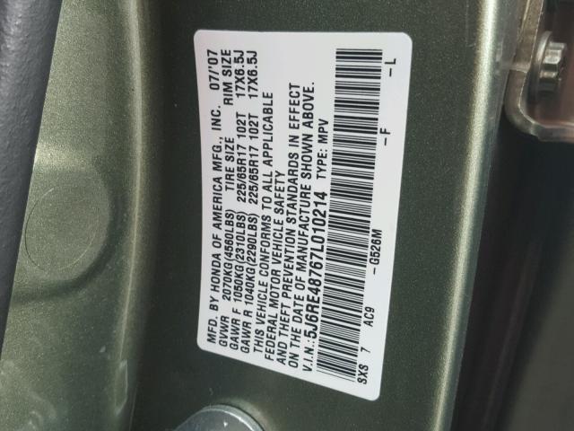 5J6RE48767L010214 - 2007 HONDA CR-V EXL GREEN photo 10