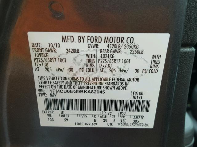 1FMCU0EG9BKA82045 - 2011 FORD ESCAPE LIM GRAY photo 10