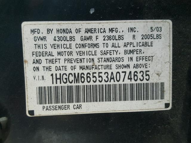 1HGCM66553A074635 - 2003 HONDA ACCORD EX BLACK photo 10