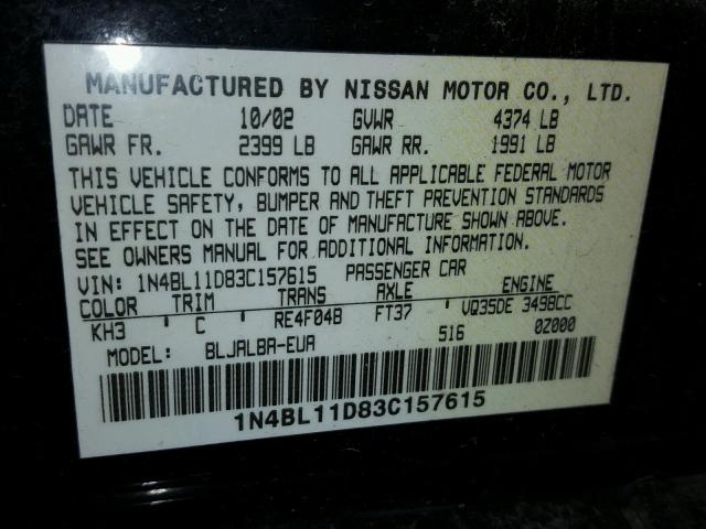 1N4BL11D83C157615 - 2003 NISSAN ALTIMA SE BLACK photo 10