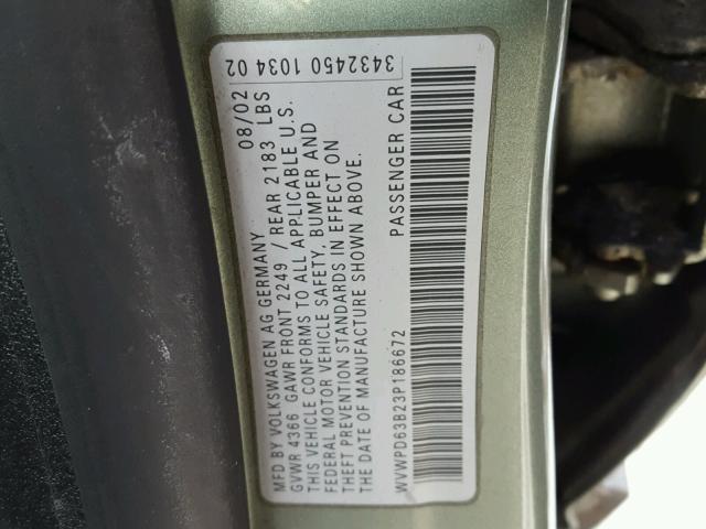 WVWPD63B23P186672 - 2003 VOLKSWAGEN PASSAT GLS GREEN photo 10