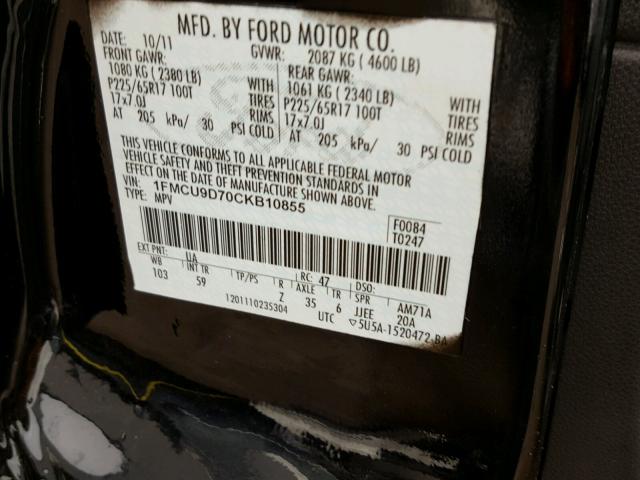 1FMCU9D70CKB10855 - 2012 FORD ESCAPE XLT BLACK photo 10