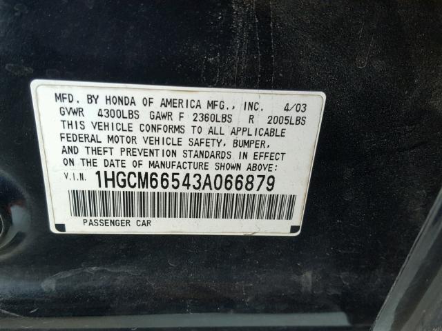 1HGCM66543A066879 - 2003 HONDA ACCORD EX BLACK photo 10