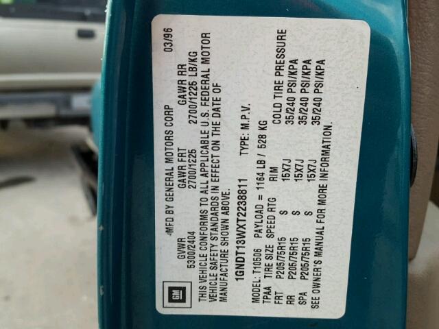 1GNDT13WXT2238811 - 1996 CHEVROLET BLAZER GREEN photo 10