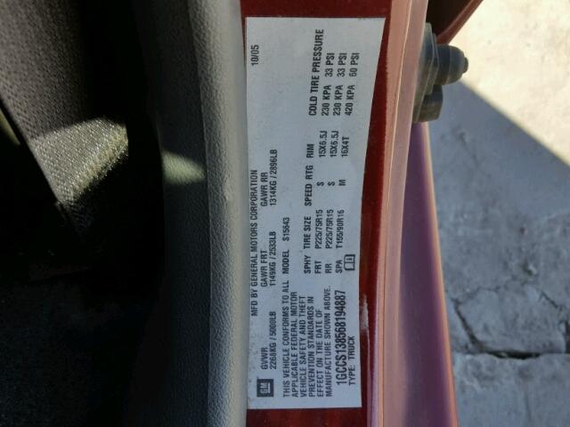 1GCCS138568194887 - 2006 CHEVROLET COLORADO MAROON photo 10