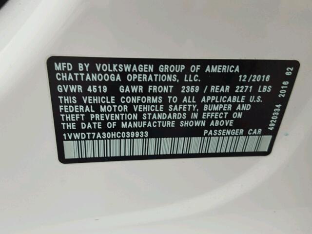 1VWDT7A30HC039933 - 2017 VOLKSWAGEN PASSAT R-L WHITE photo 10
