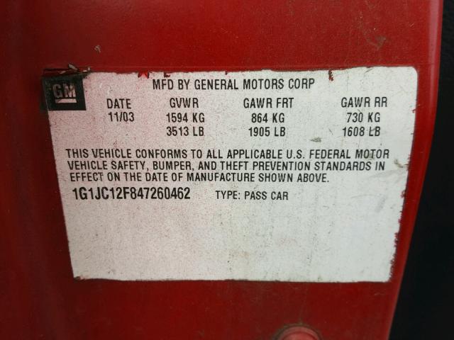 1G1JC12F847260462 - 2004 CHEVROLET CAVALIER RED photo 10