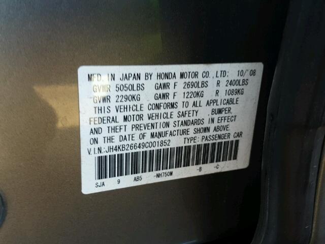 JH4KB26649C001852 - 2009 ACURA RL ნაცრისფერი ფოტო 10