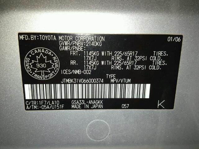 JTMBK31V066000374 - 2006 TOYOTA RAV4 LIMIT SILVER photo 10