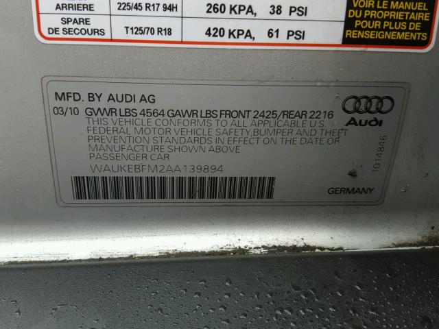 WAUKEBFM2AA139894 - 2010 AUDI A3 PREMIUM SILVER photo 10