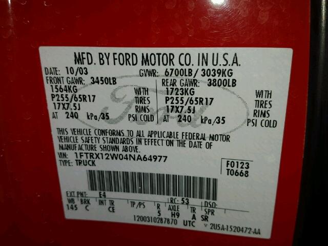 1FTRX12W04NA64977 - 2004 FORD F150 RED photo 10