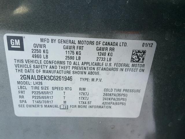 2GNALDEK3C6261946 - 2012 CHEVROLET EQUINOX LT CHARCOAL photo 10