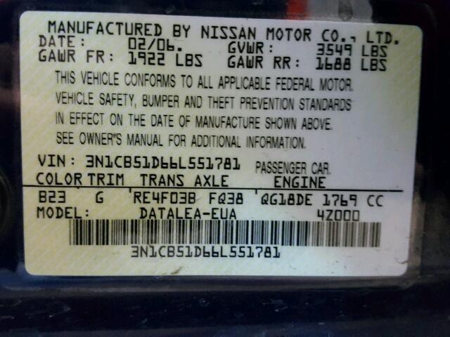 3N1CB51D66L551781 - 2006 NISSAN SENTRA 1.8 BLUE photo 10