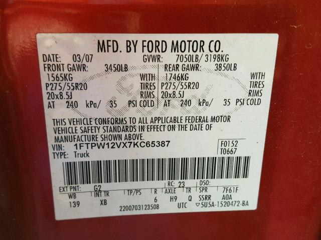 1FTPW12VX7KC65387 - 2007 FORD F150 SUPER RED photo 10