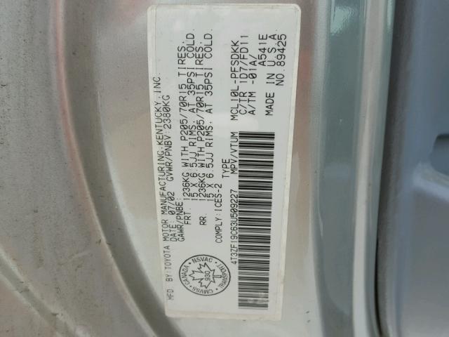 4T3ZF19C63U509227 - 2003 TOYOTA SIENNA CE SILVER photo 10