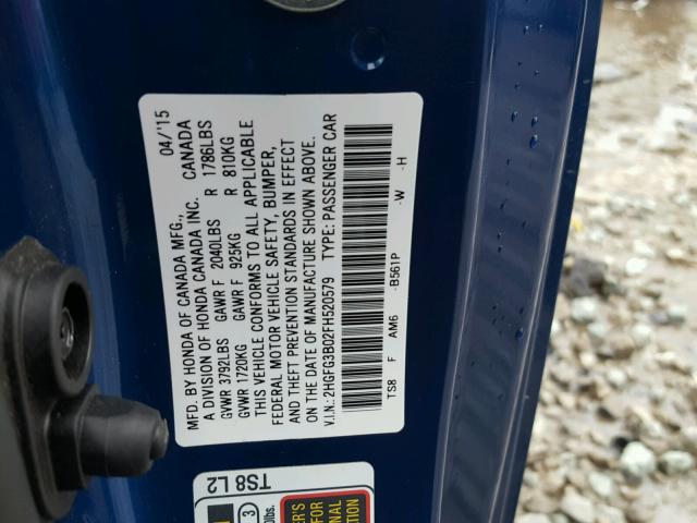 2HGFG3B02FH520579 - 2015 HONDA CIVIC EXL BLUE photo 10