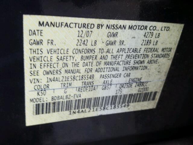 1N4AL21E58C185549 - 2008 NISSAN ALTIMA 2.5 GRAY photo 10