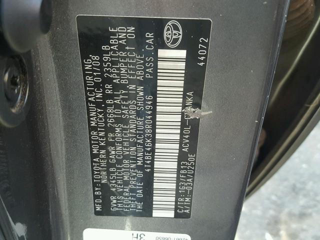 4T4BE46K38R044946 - 2008 TOYOTA CAMRY CE GRAY photo 10