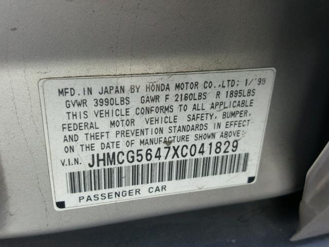 JHMCG5647XC041829 - 1999 HONDA ACCORD LX SILVER photo 10