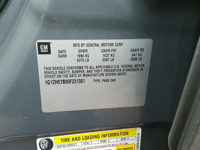 1G1ZH57B89F231381 - 2009 CHEVROLET MALIBU 1LT 灰色 照片 10