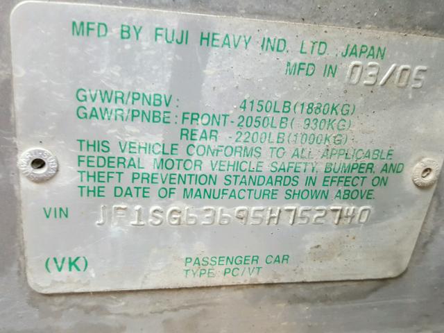 JF1SG63695H752740 - 2005 SUBARU FORESTER 2 SILVER photo 10