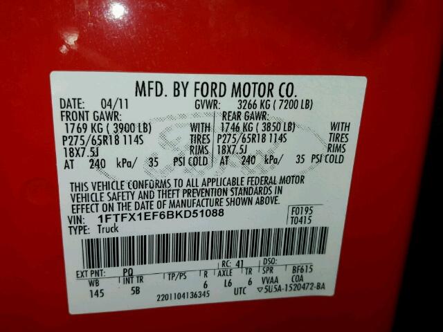 1FTFX1EF6BKD51088 - 2011 FORD F150 SUPER RED photo 10