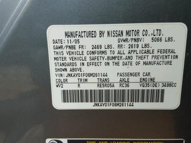 JNKAY01F06M261144 - 2006 INFINITI M35 BASE GRAY photo 10