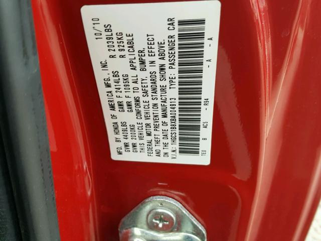 1HGCS1B8XBA004913 - 2011 HONDA ACCORD EXL RED photo 10